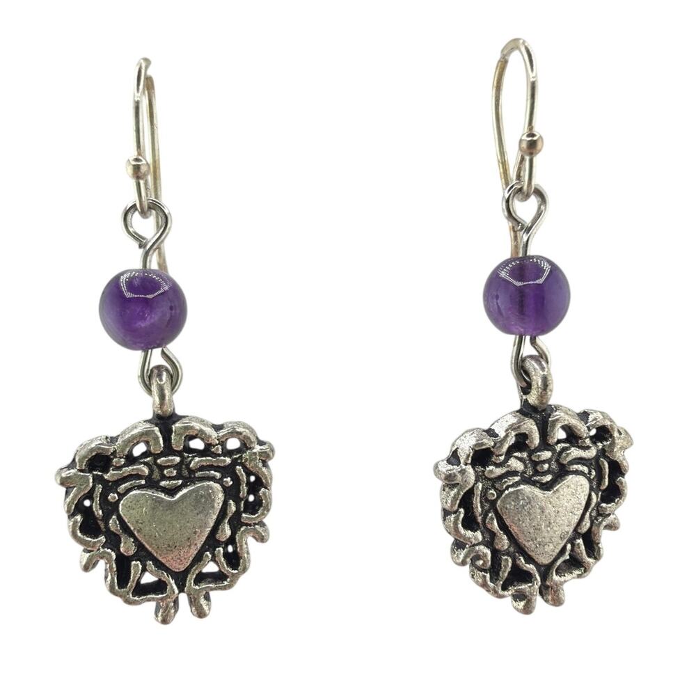 New Handcrafted Artisan Amethyst and Filigree Heart Dangle Earrings